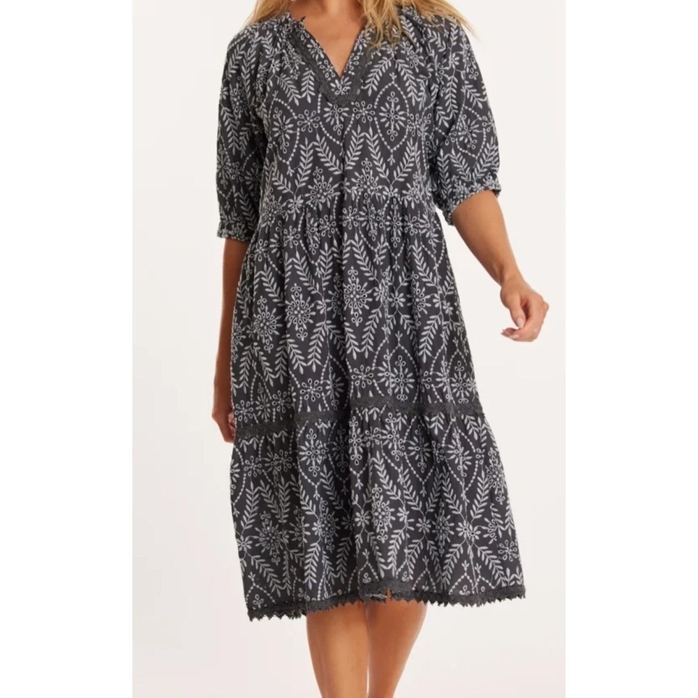 Mododoc Womens Size Small Dress Elbow Sleeve Boho Washed Ebony